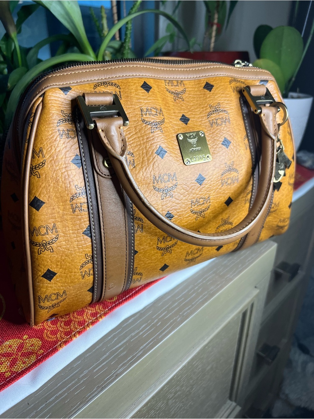 MCM Cognac Visetos Monogram Boston Satchel Bag with charms